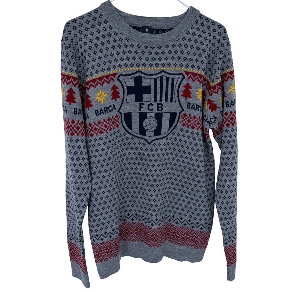 Gray FC Barcelona Knit Crewneck Sweater Medium‎ Christmas Style Soccer Fair Isle